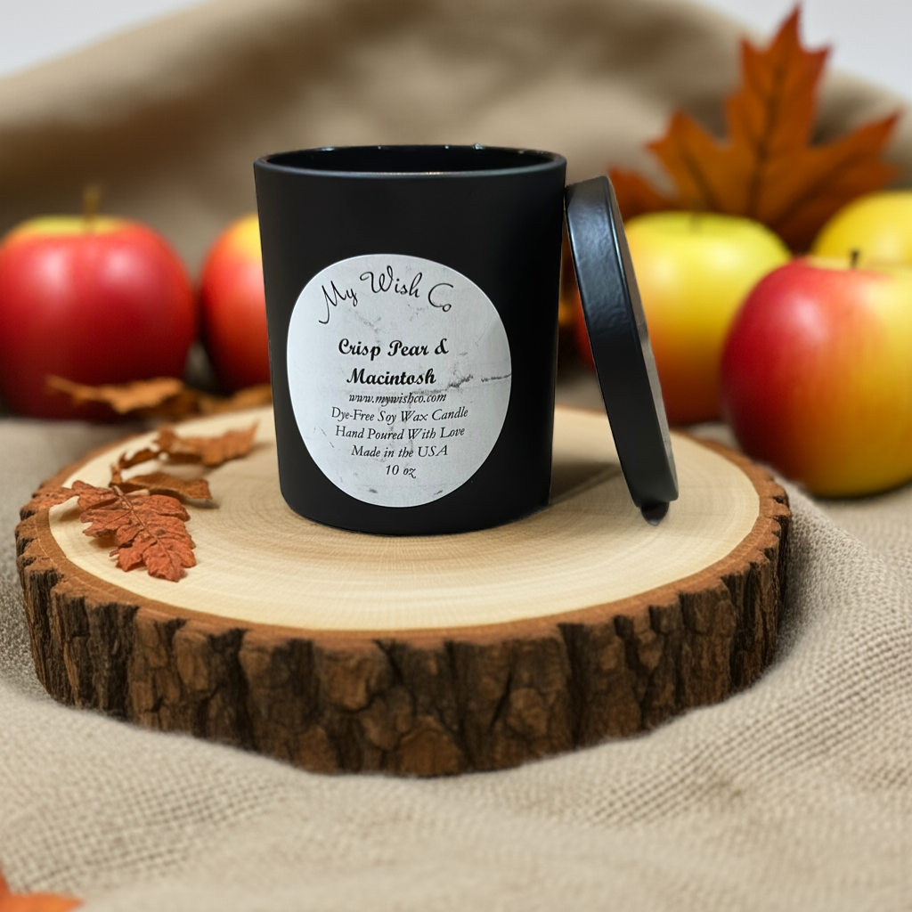 Crisp Pear & Macintosh 10 oz Black Jar Dye-Free Soy Wax Candle