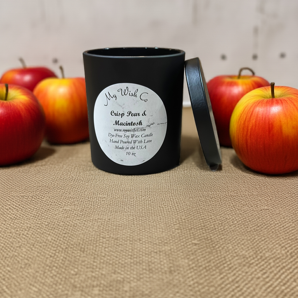 Crisp Pear & Macintosh 10 oz Black Jar Dye-Free Soy Wax Candle