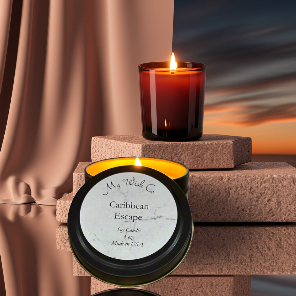 Caribbean Escape: Dye-Free Non-Toxic Soy Candle - Black Tin - mywishco.com