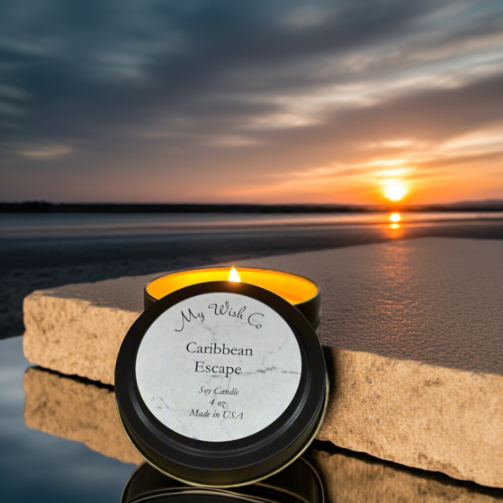 Caribbean Escape: Dye-Free Non-Toxic Soy Candle - Black Tin - mywishco.com