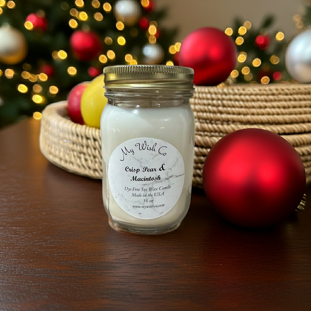 Jar of candle with 'My Wish Co' label in front of Christmas decorations