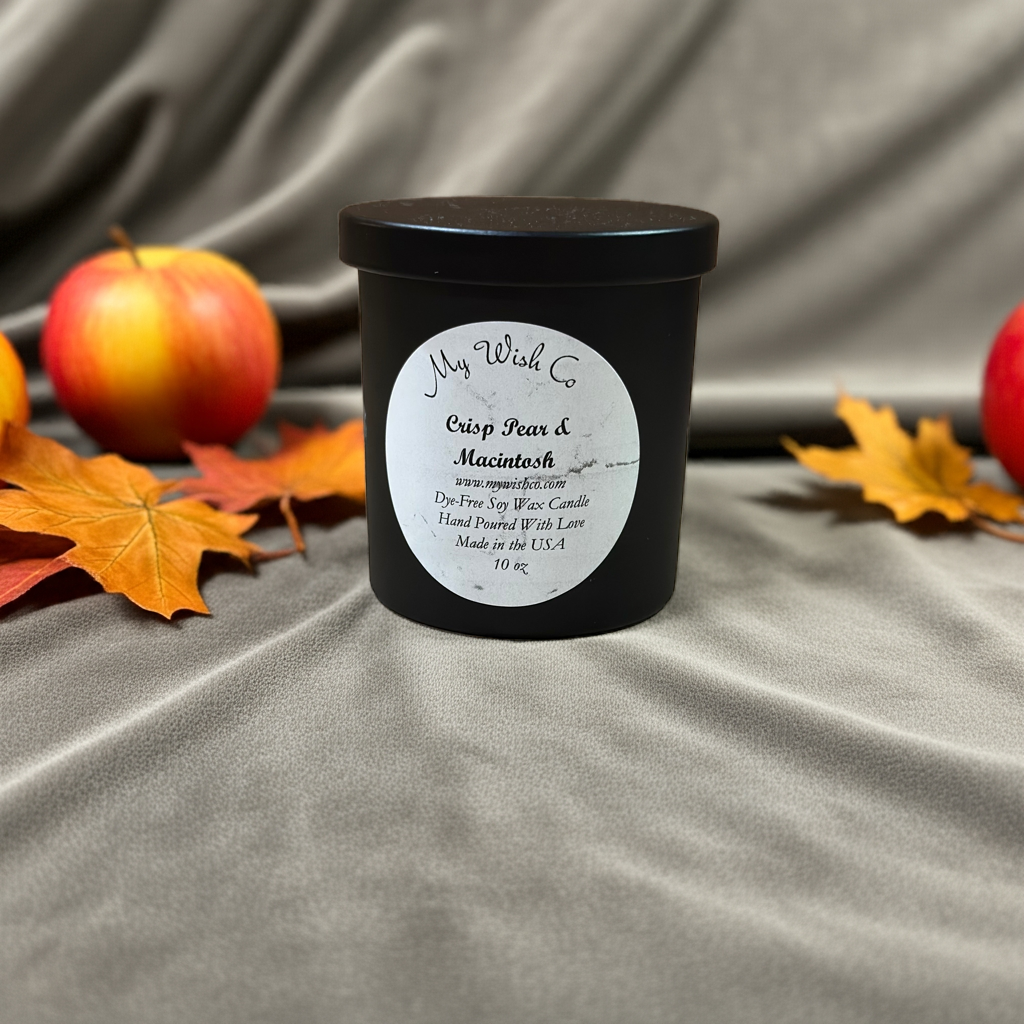 Crisp Pear & Macintosh 10 oz Black Jar Dye-Free Soy Wax Candle
