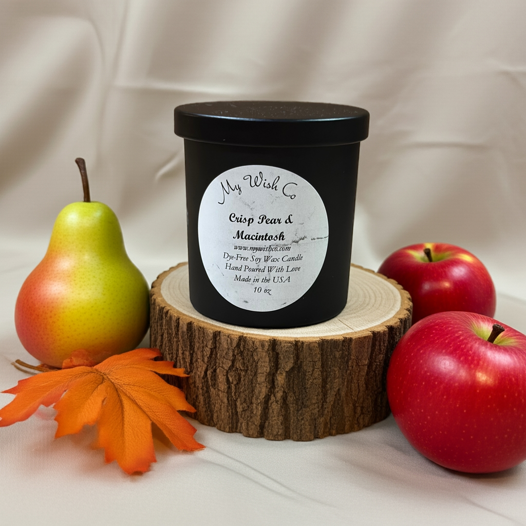 Crisp Pear & Macintosh 10 oz Black Jar Dye-Free Soy Wax Candle