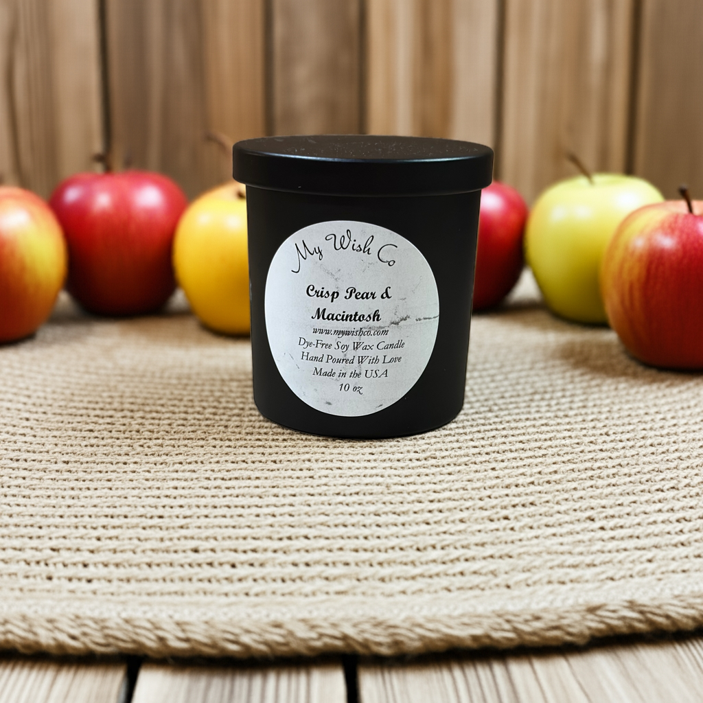 Crisp Pear & Macintosh 10 oz Black Jar Dye-Free Soy Wax Candle