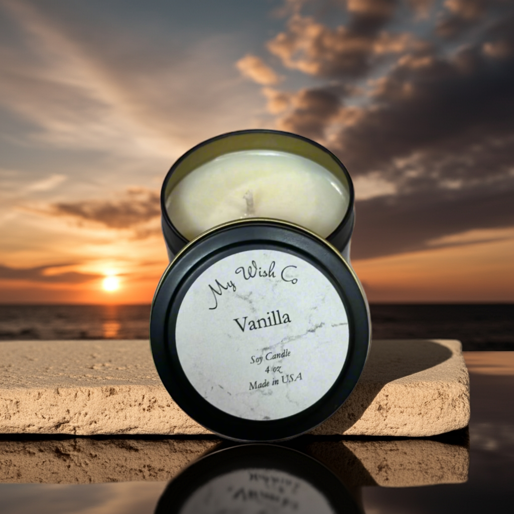 Vanilla Pure: Dye-Free Non-Toxic Soy Candle 4 oz Black Tin - mywishco.com