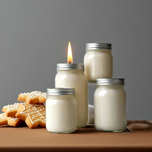 Four glass jars with metal lids, one of which is lit, on a wooden surface with cookies.