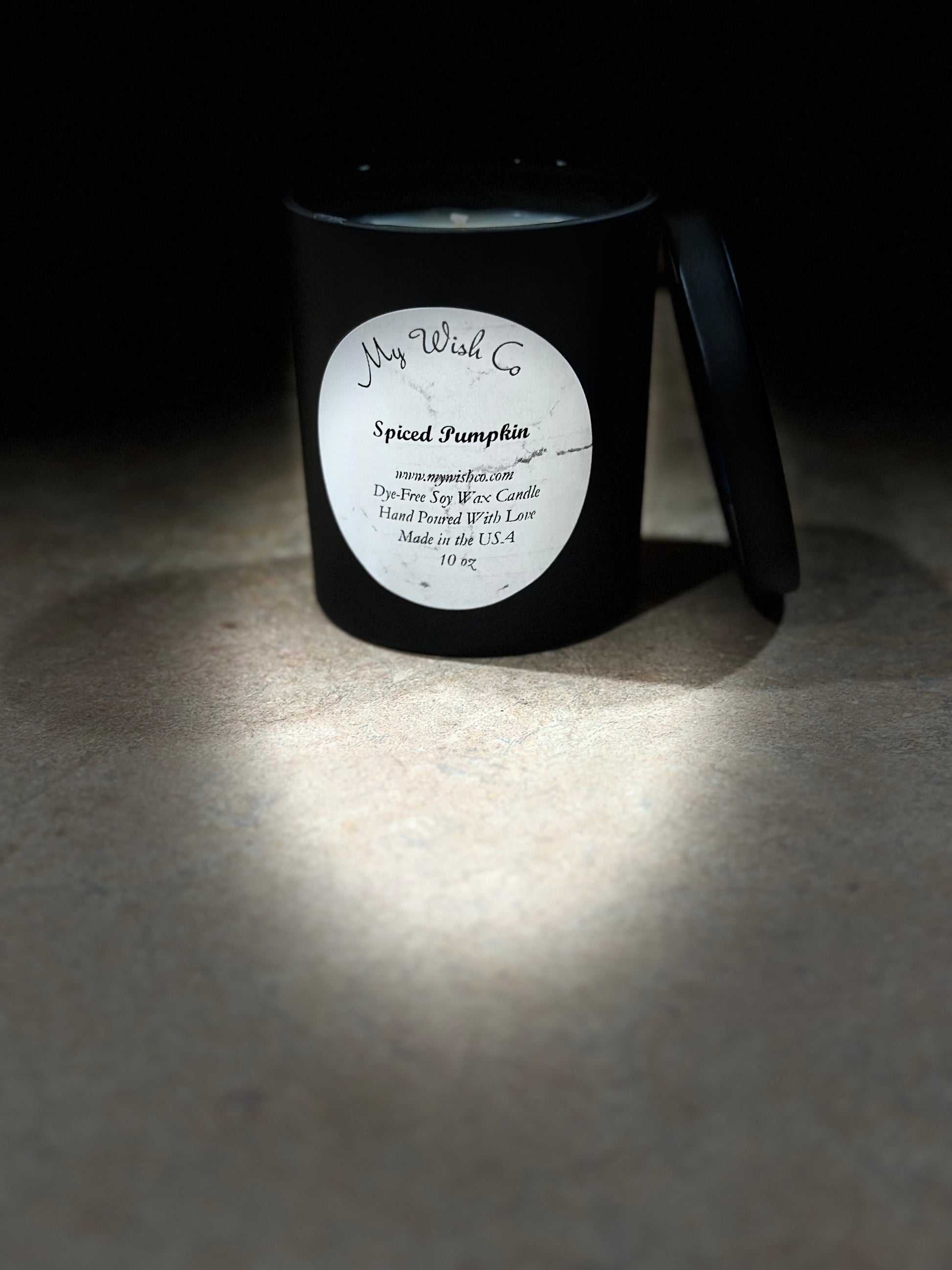 Spiced Pumpkin:  Dye-Free Non-Toxic Soy Candle - 10 oz Black Jar - mywishco.com