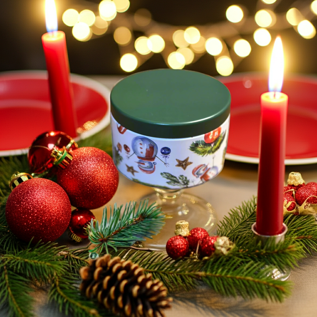 Decorative candle with Christmas-themed design on a table with candles and ornaments.