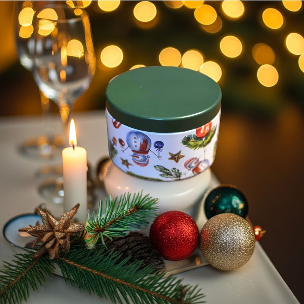 Decorative candle with festive design on a table with Christmas ornaments and lights in the background