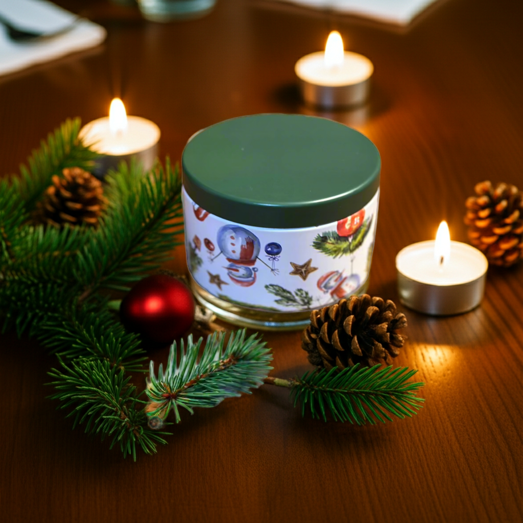 Decorative candle with Christmas design surrounded by pine branches, pinecones, and candles on a wooden surface.