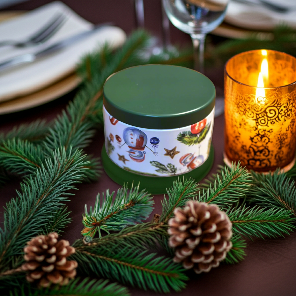 Decorative candle with festive design on a table with greenery and a lit candle.