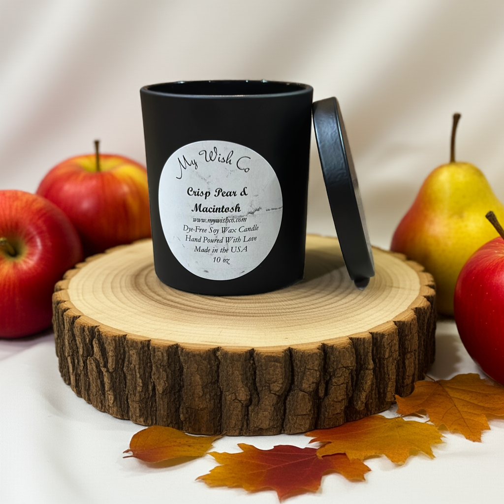 Crisp Pear & Macintosh 10 oz Black Jar Dye-Free Soy Wax Candle