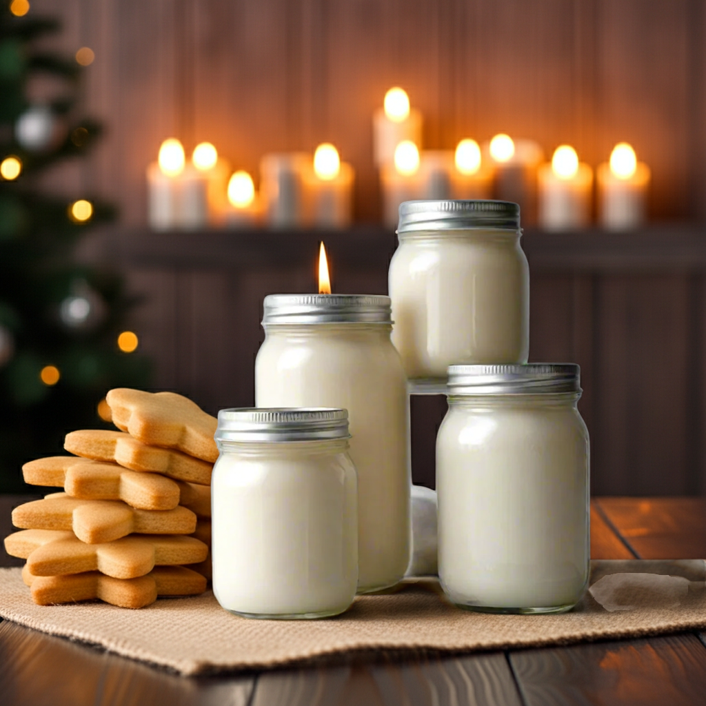 Jars of candles with cookies on a table with candles in the background