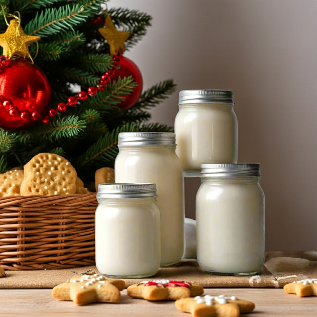 Jars of candles with cookies and a Christmas tree in the background