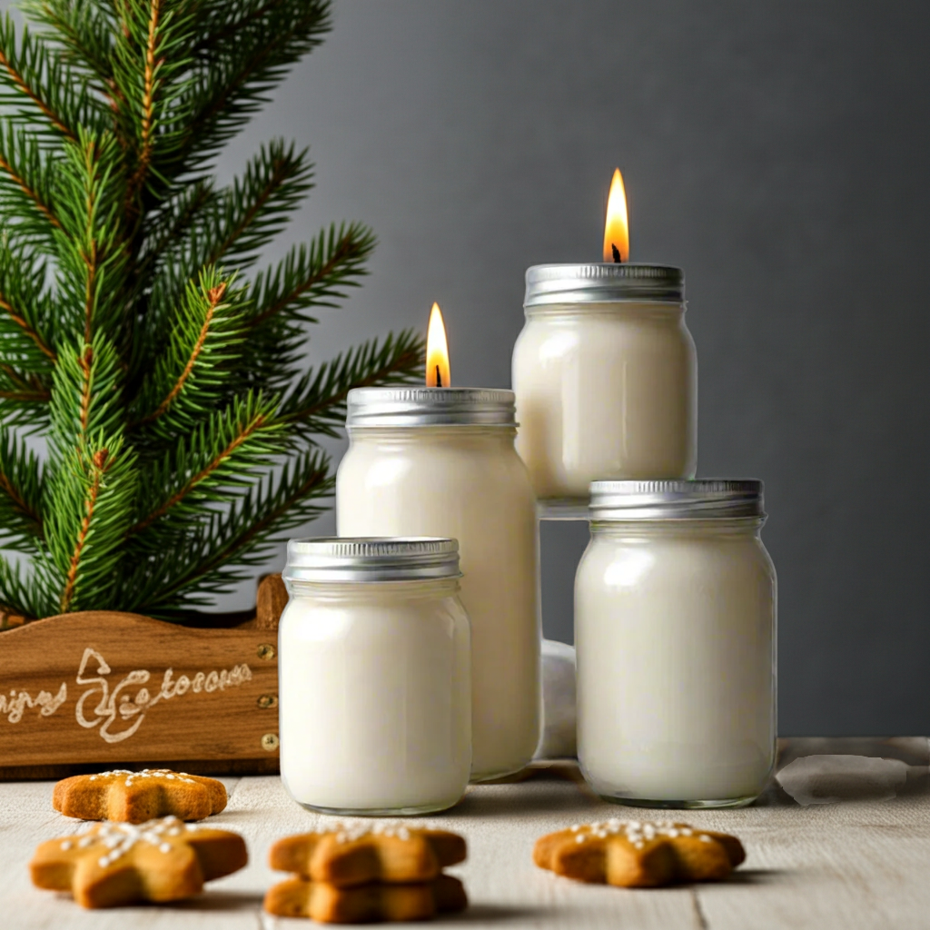Set of mason jar candles with lit flames, surrounded by Christmas decorations on a wooden surface.
