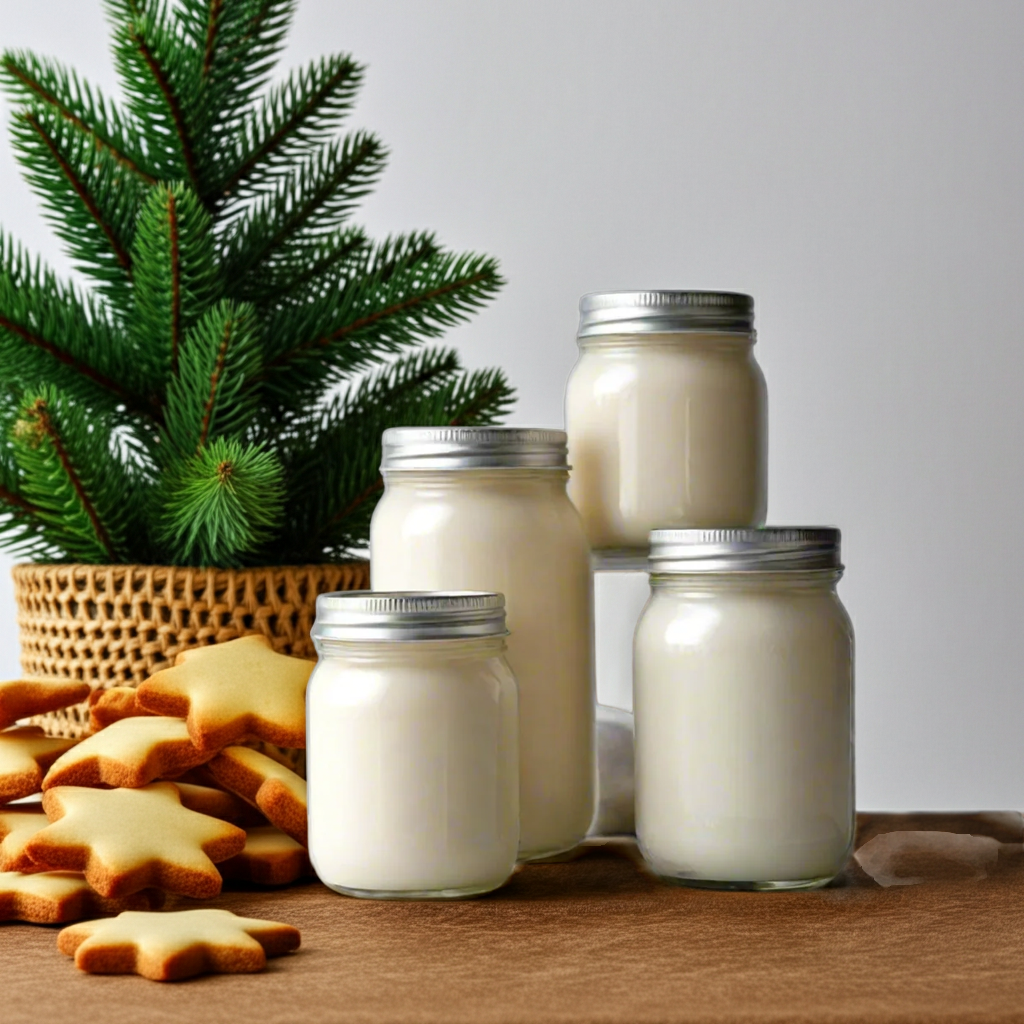Jars of candles with silver lids on a wooden surface next to Christmas cookies and a small tree.
