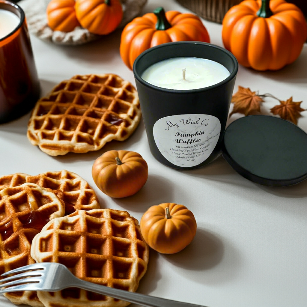 Candle labeled 'My Wish Co Pumpkin Waffles' with waffles and pumpkins on a table