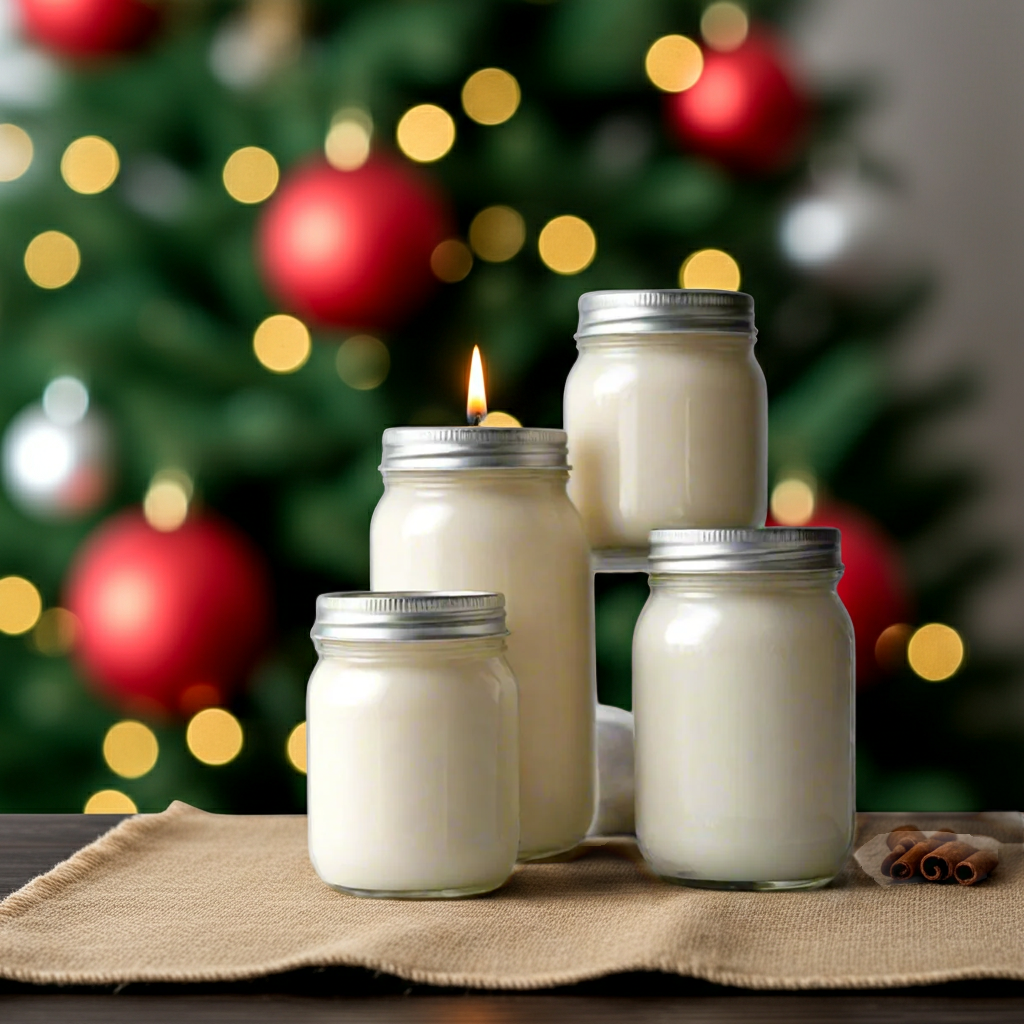 Set of jars with candles in front of a Christmas tree with lights and ornaments.