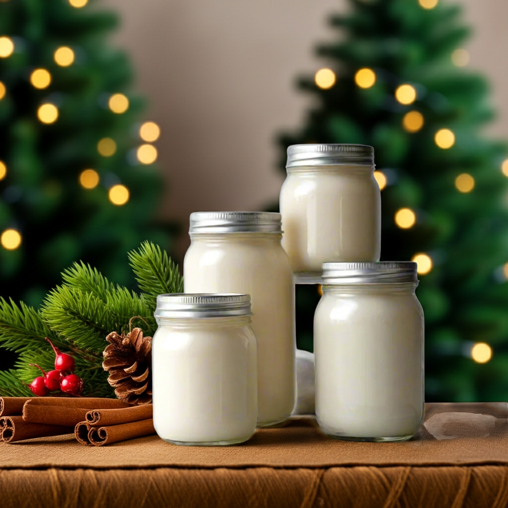 Jars of candles with Christmas decorations on a table