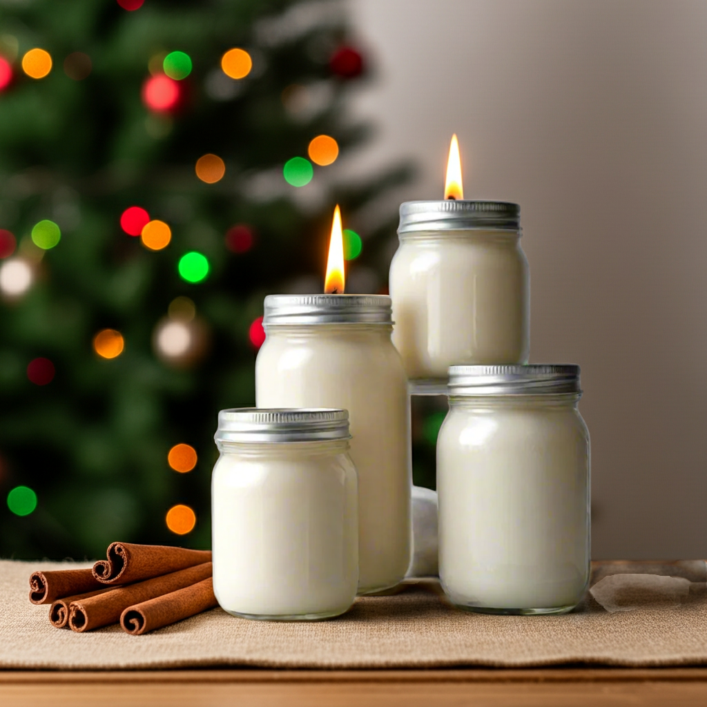 Jars of candles with lit wicks on a table in front of a decorated Christmas tree.