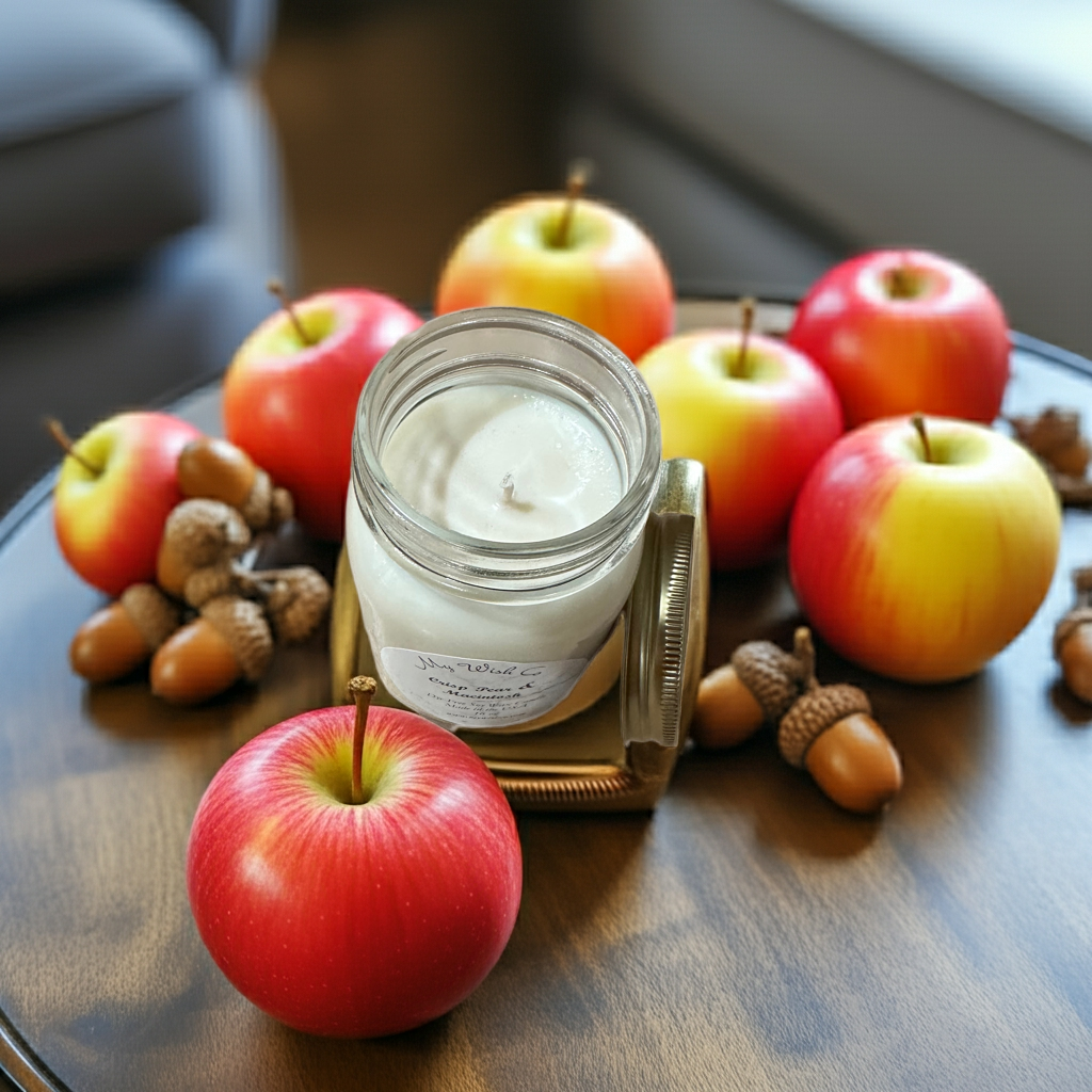 Jar of candle with apples and acorns on a wooden surface
