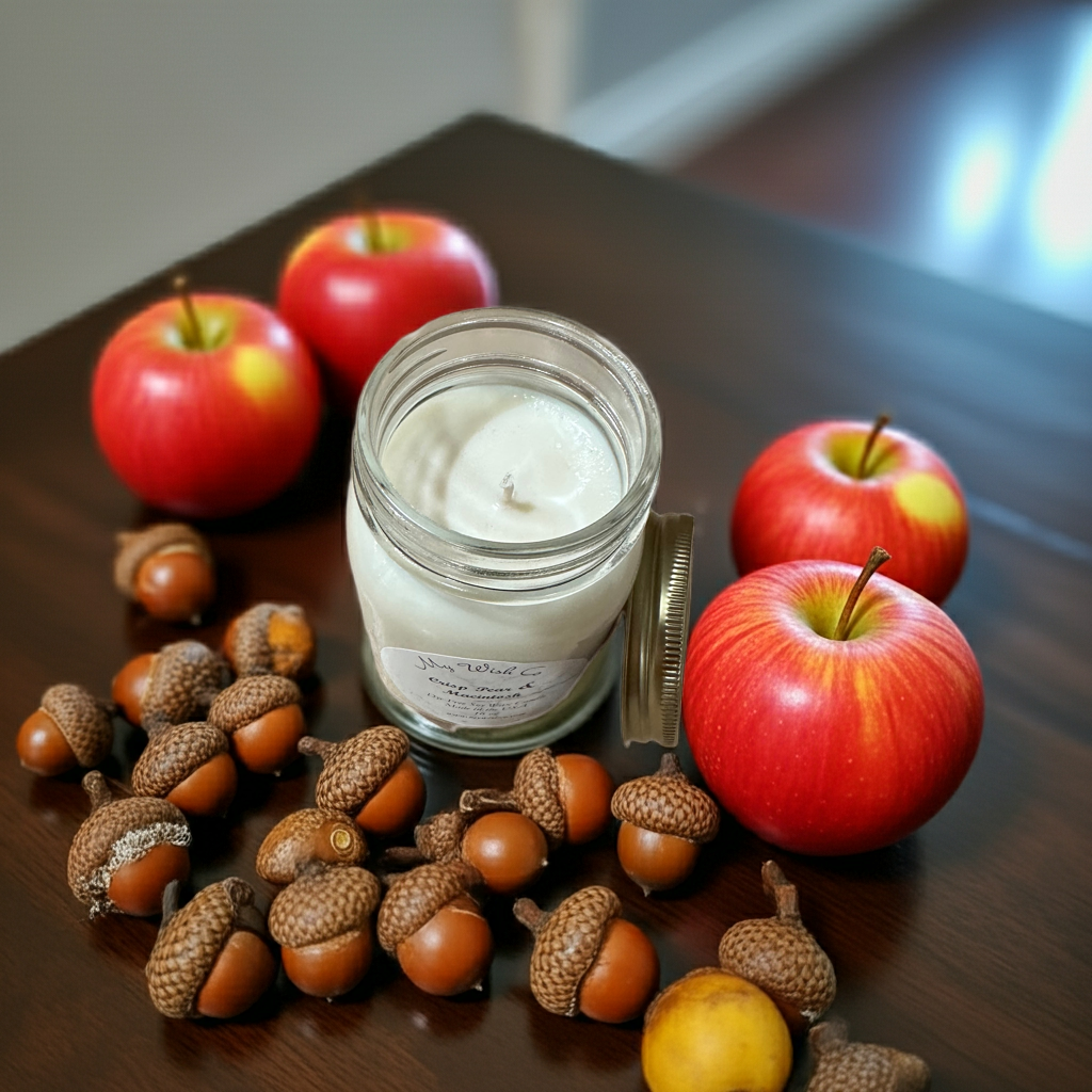 Crisp pear & Macintosh Apple Mason Jar with a gold lid with apples and acorns on a plate on a table
