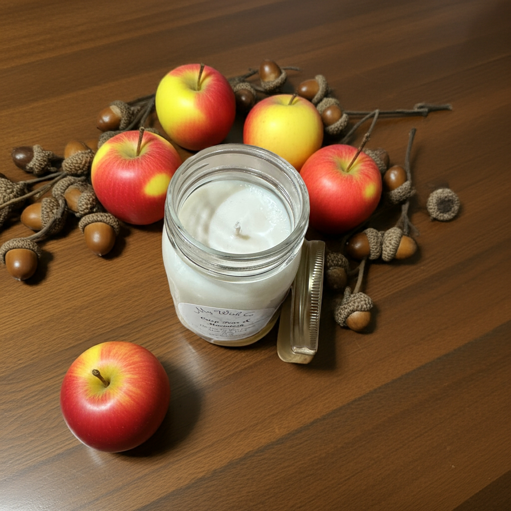 Crisp pear & Macintosh Apple Mason Jar with a gold lid with apples and acorns on a plate on a table
