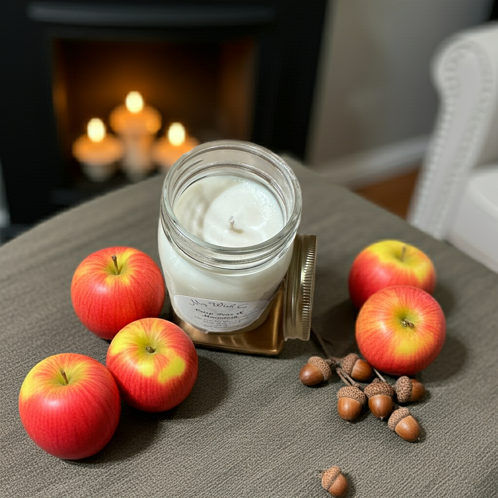 Jar of candle with apples and acorns on a surface, fireplace in the background