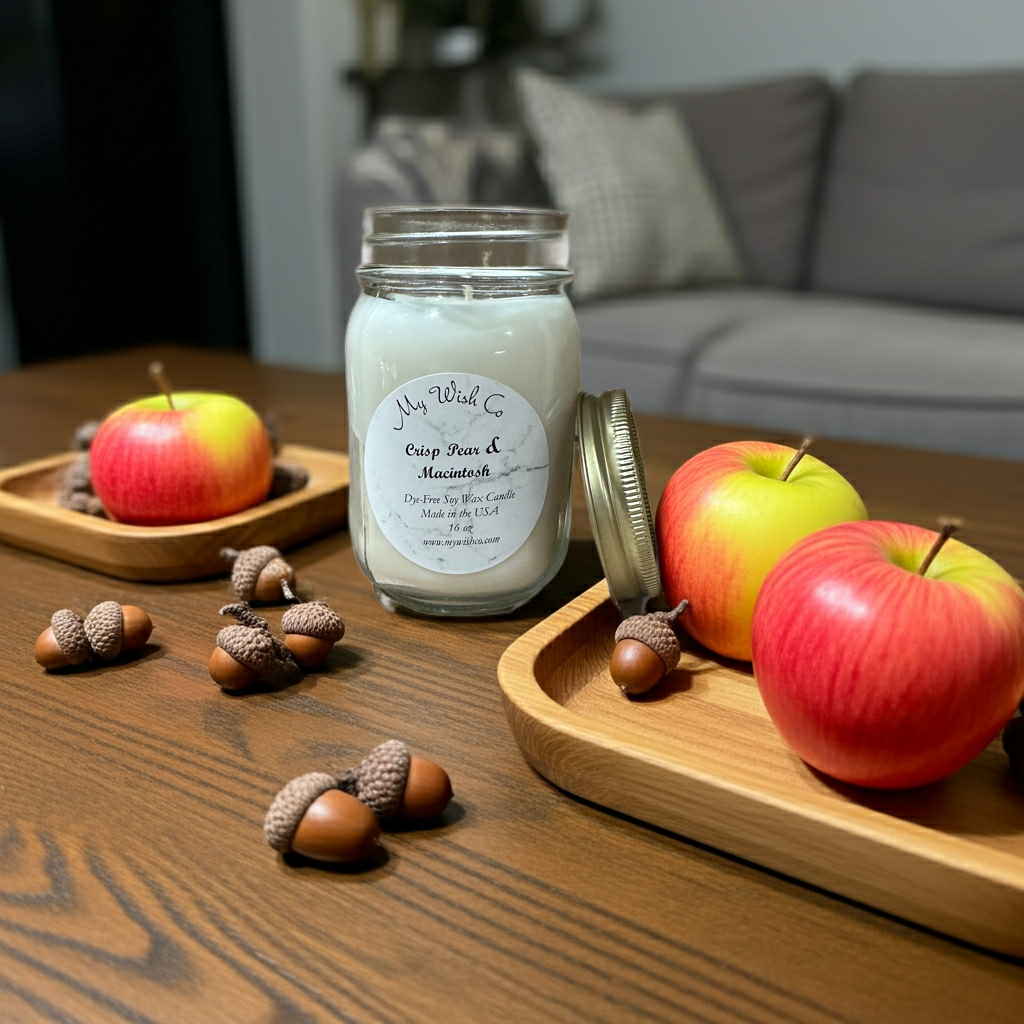 Crisp pear & Macintosh Apple Mason Jar with a gold lid with apples and acorns on a plate on a table