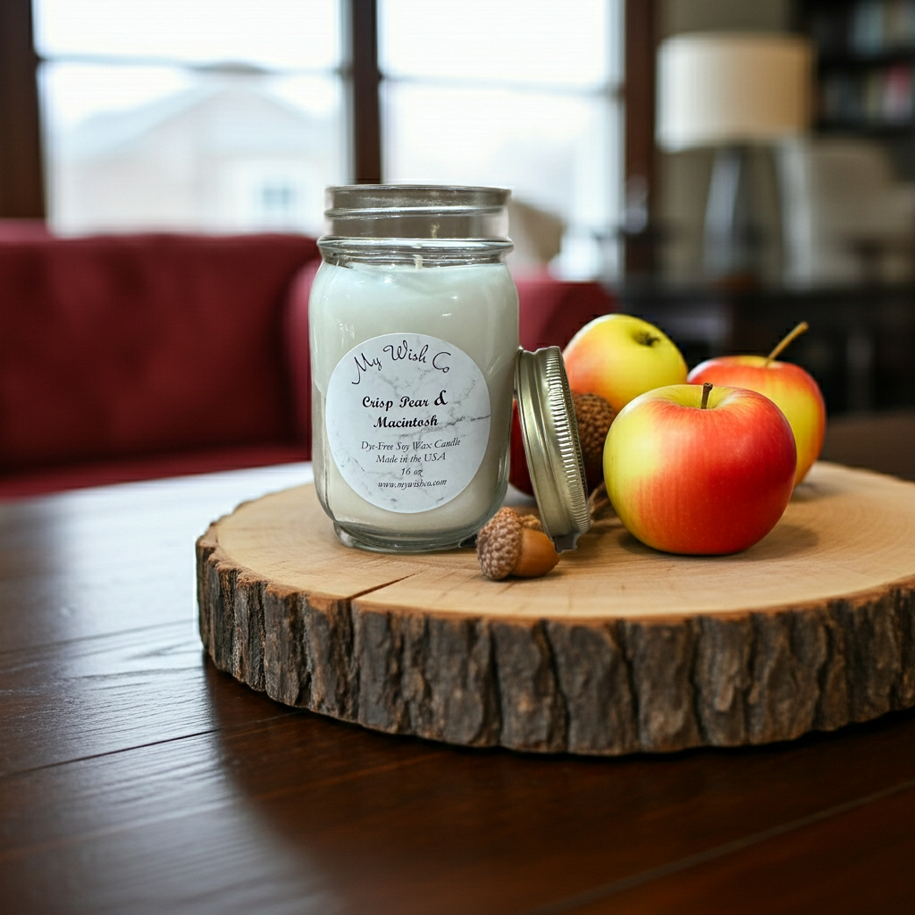 Jar of candle with apples and acorns on a wooden surface