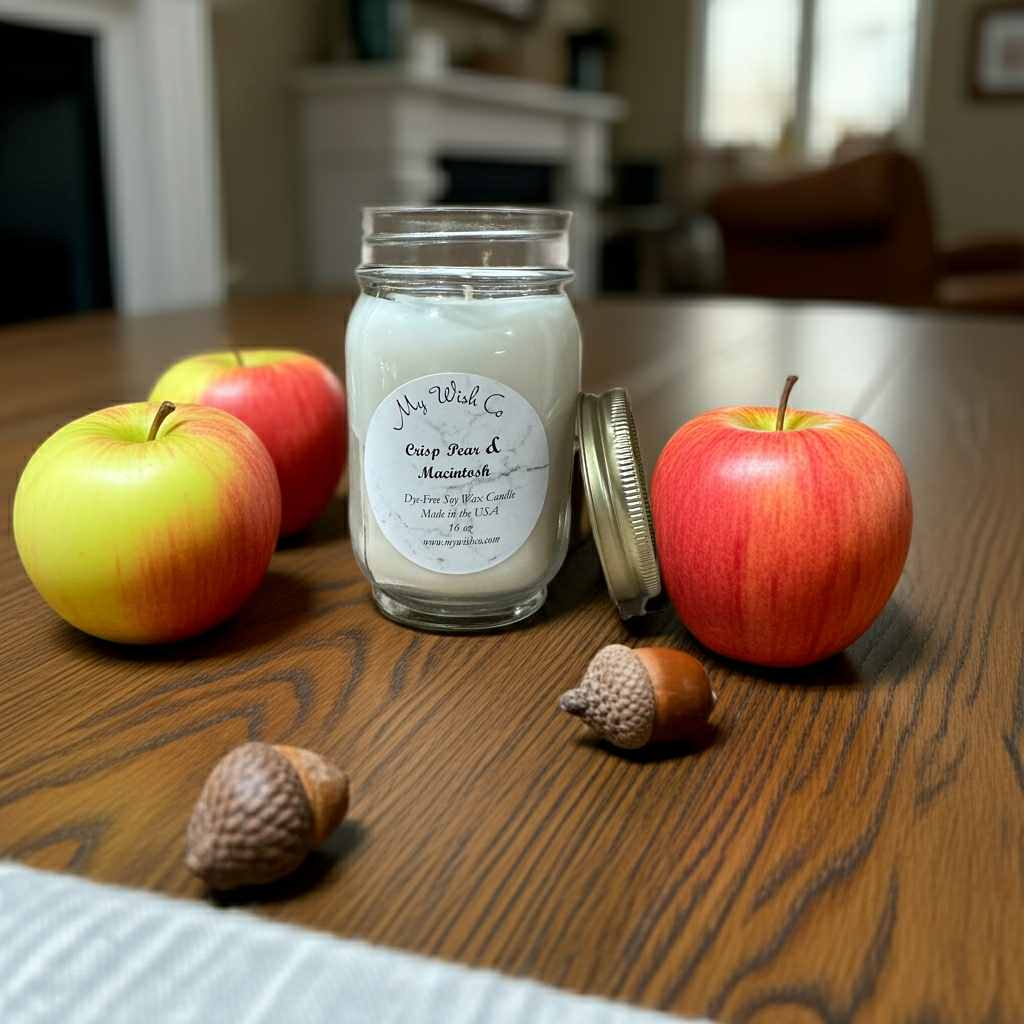 Crisp pear & Macintosh Apple Mason Jar with a gold lid with apples and acorns on a plate on a table