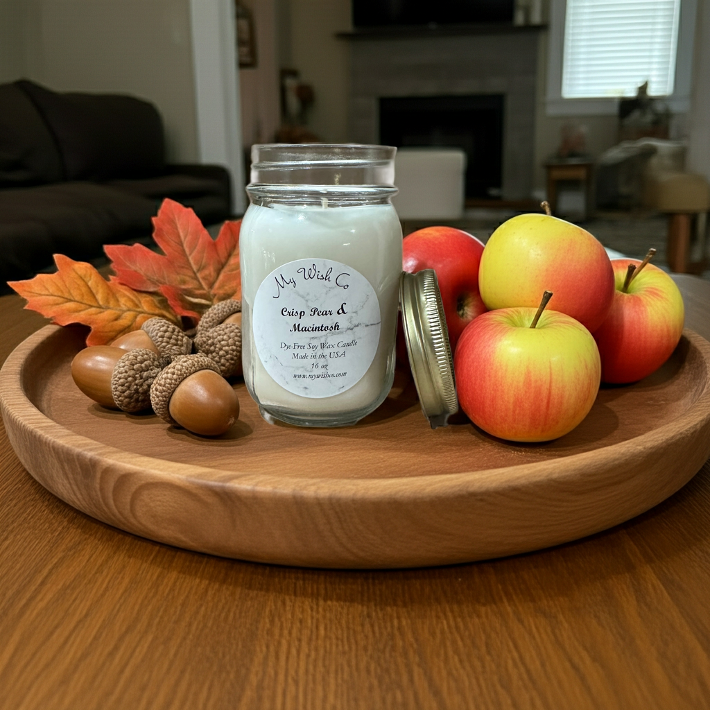 Crisp pear & Macintosh Apple Mason Jar with a gold lid with apples and acorns on a plate on a table