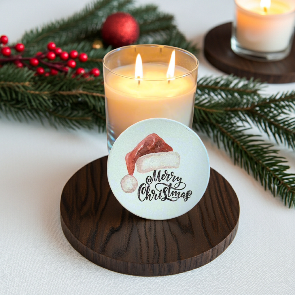 Candle with a 'Merry Christmas' coaster on a wooden coaster, surrounded by festive decorations.