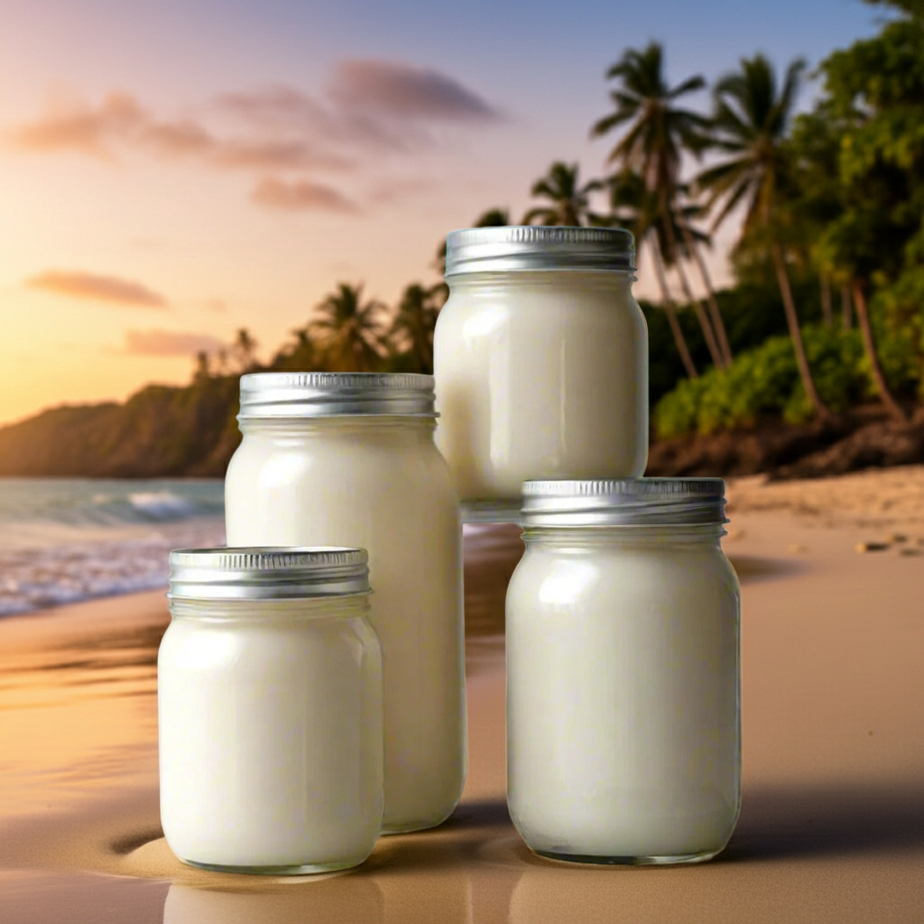 Jars of cream or yogurt stacked on a beach with palm trees and sunset in the background