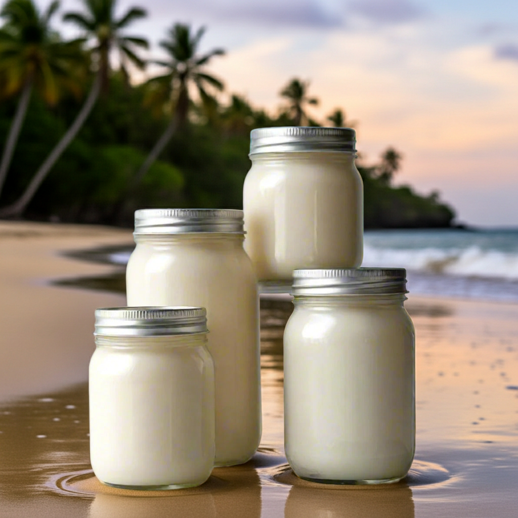 Set of glass jars with metal lids on a beach at sunset