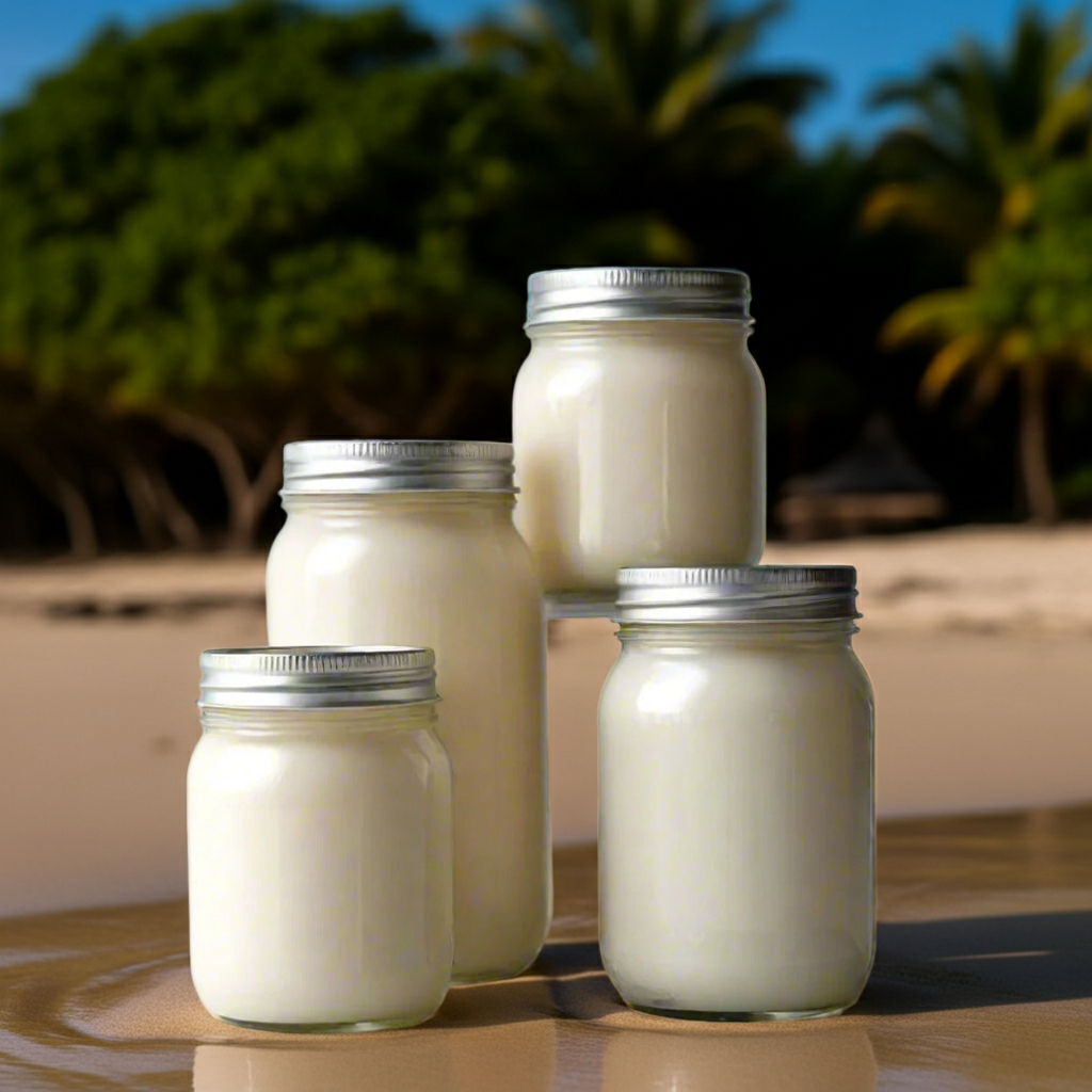 Set of glass jars with metal lids on a reflective surface with a blurred natural background