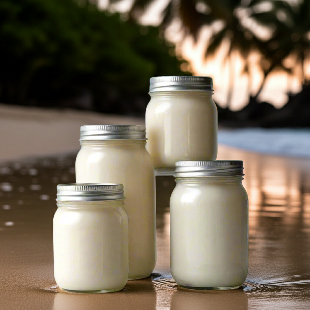 Set of mason jars with a creamy substance on a wooden surface.