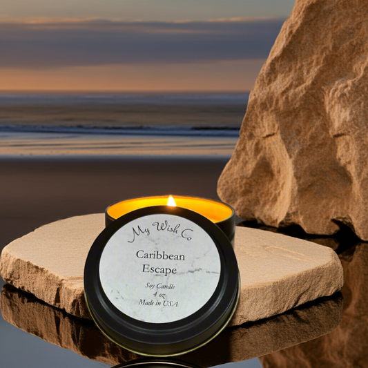Caribbean Escape:  Dye-Free Non-Toxic Soy Candle - Black Tin - mywishco.com