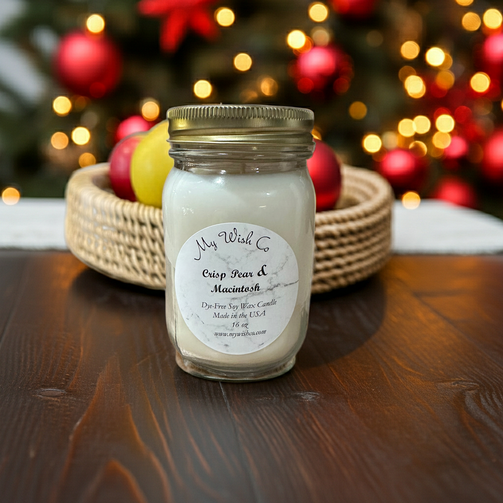 Jar of candle labeled 'My Wish Co' with Christmas decorations in the background