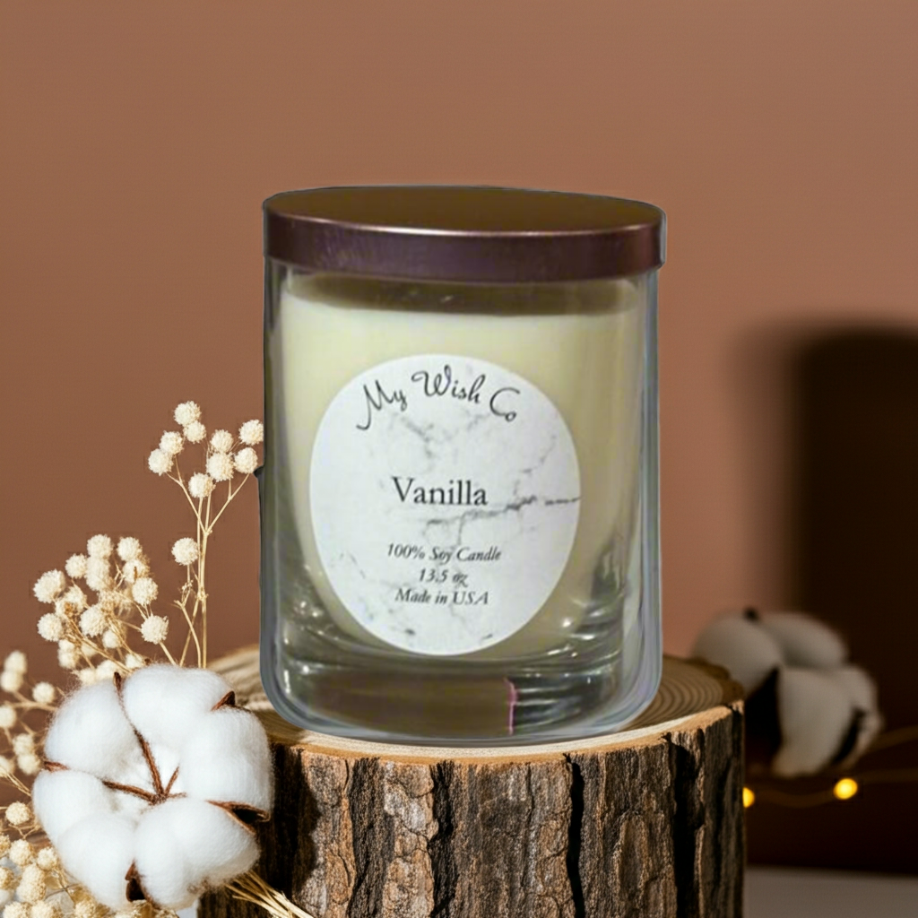 Pure Vanilla 13.5 oz Soy Wax Candle | Eco-Friendly, Non-Toxic, Dye-Free Clean Burn - mywishco.com