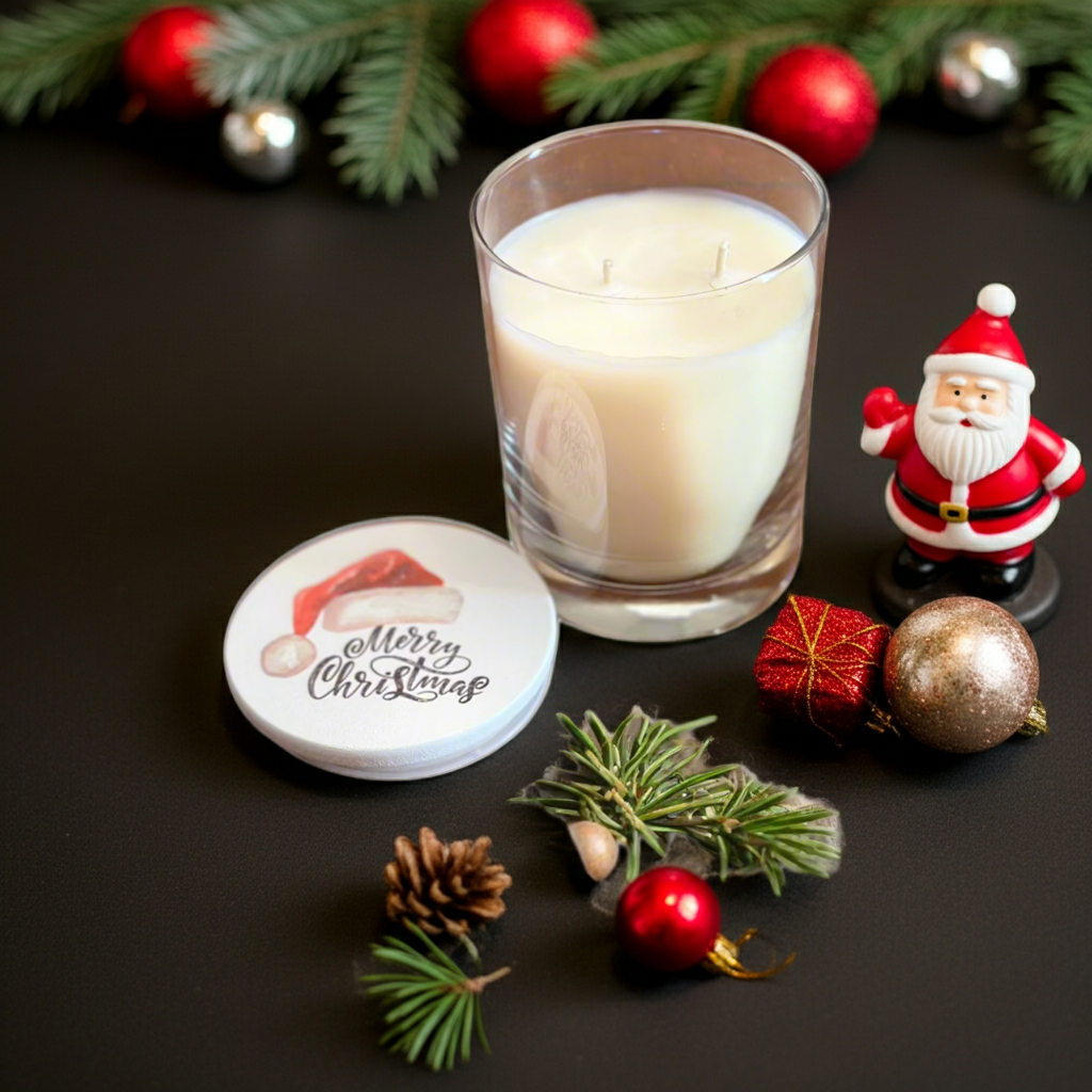 Candle with a Santa figurine and Christmas decorations on a dark surface