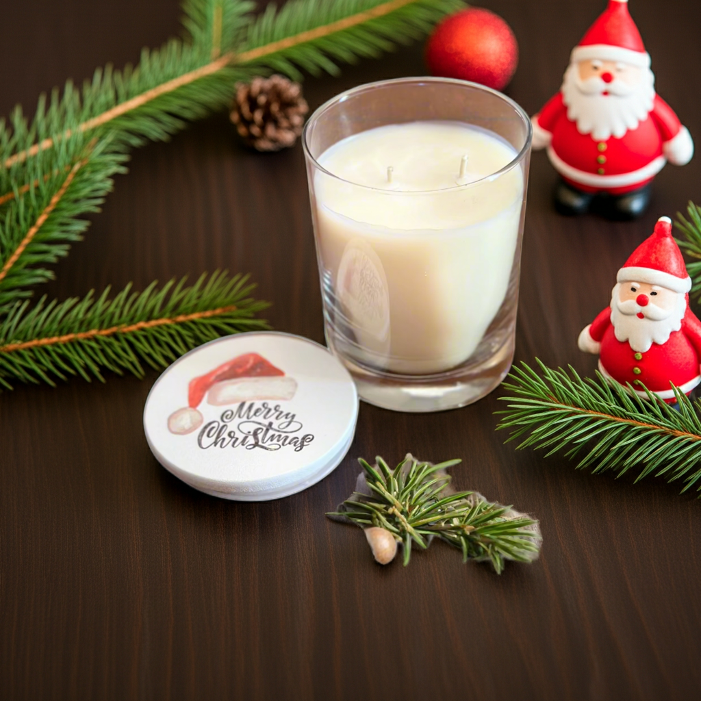 Candle in a glass jar with Christmas decorations on a wooden surface