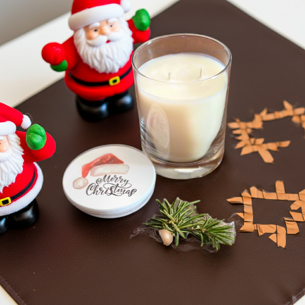 Candle with Santa Claus figurines and a 'Merry Christmas' coaster on a decorative surface.