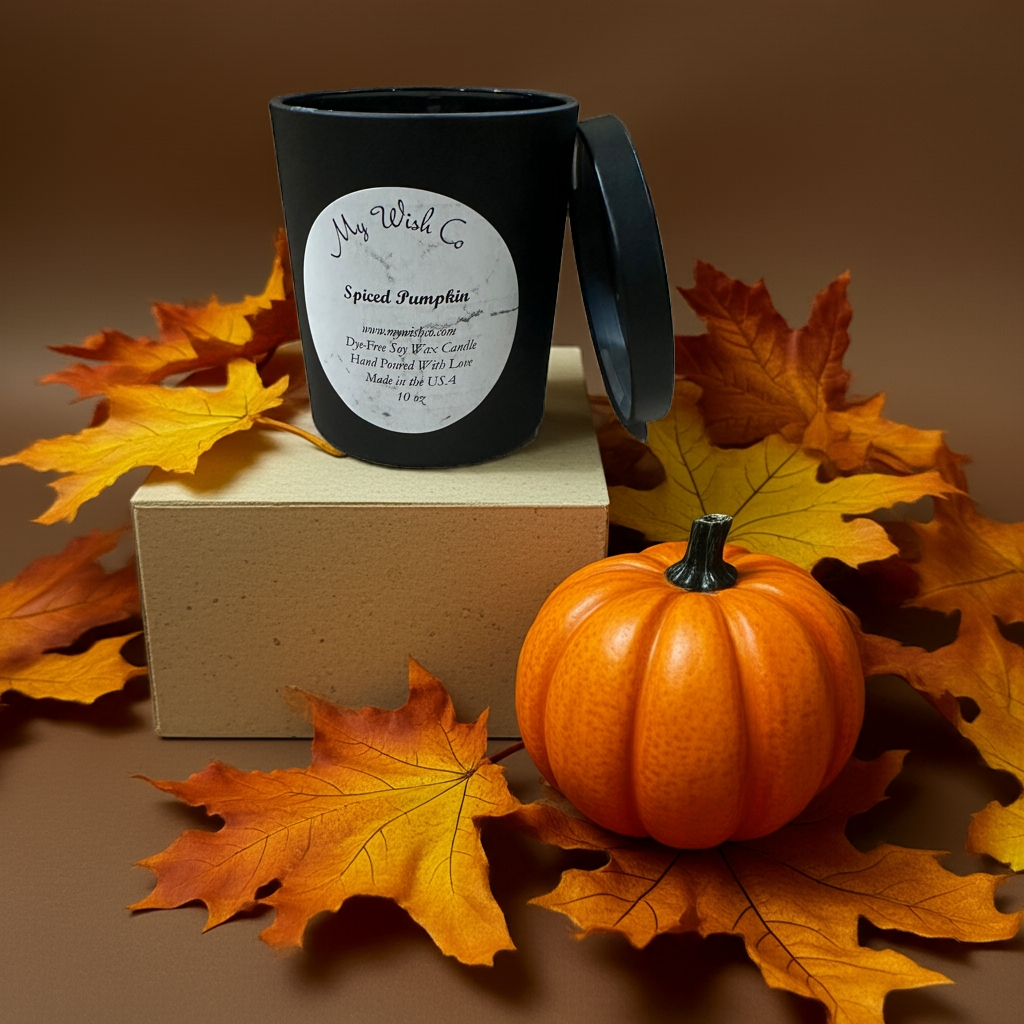 Spiced Pumpkin:  Dye-Free Non-Toxic Soy Candle - 10 oz Black Jar - mywishco.com