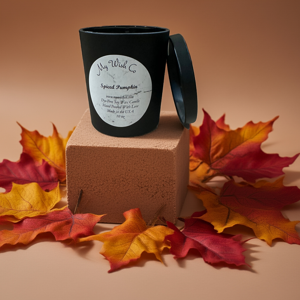 Spiced Pumpkin:  Dye-Free Non-Toxic Soy Candle - 10 oz Black Jar - mywishco.com