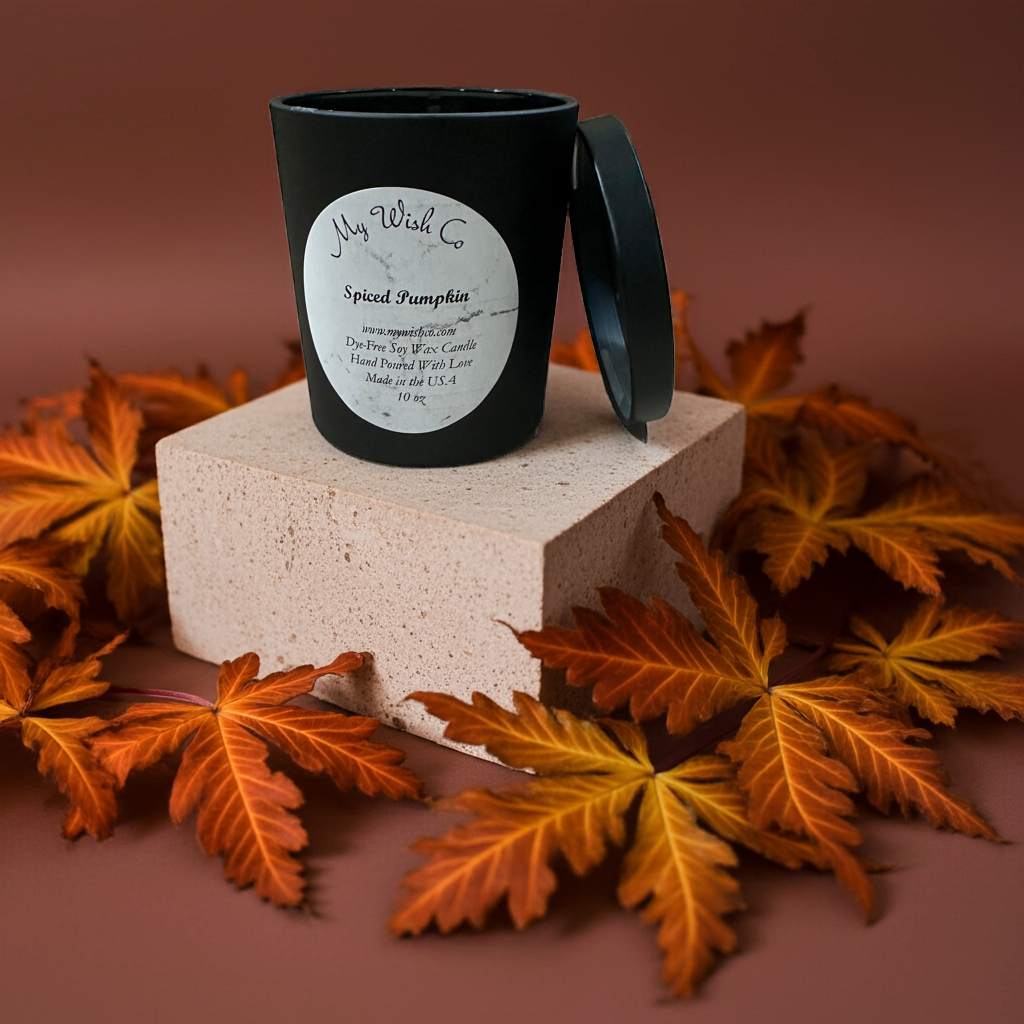 Spiced Pumpkin:  Dye-Free Non-Toxic Soy Candle - 10 oz Black Jar - mywishco.com