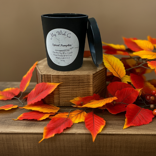 Spiced Pumpkin:  Dye-Free Non-Toxic Soy Candle - 10 oz Black Jar - mywishco.com