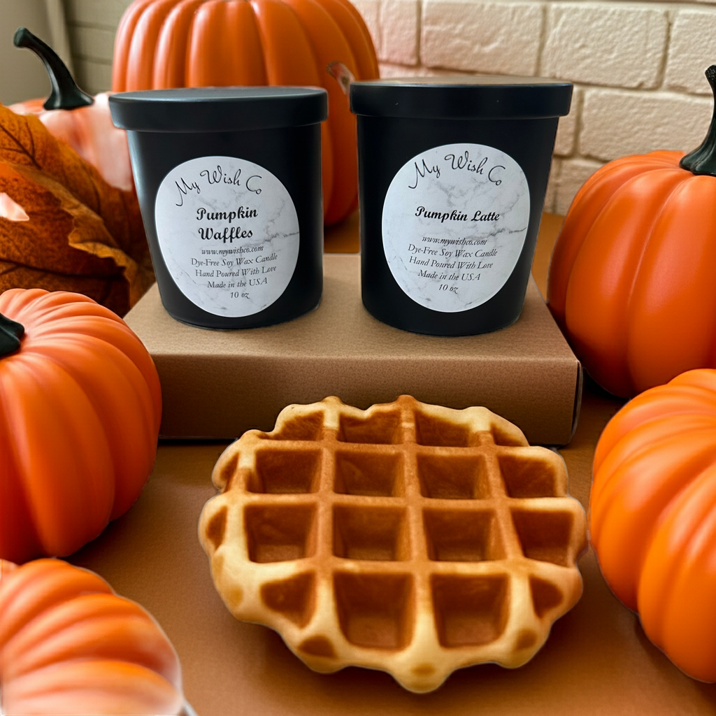 Two black containers labeled 'Pumpkin Waffles' and 'Pumpkin Latte' with a waffle on a wooden surface surrounded by pumpkins.