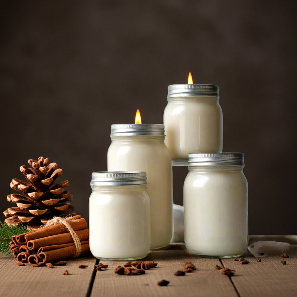 Set of jars with candles on a wooden surface with cinnamon sticks and pine cones.