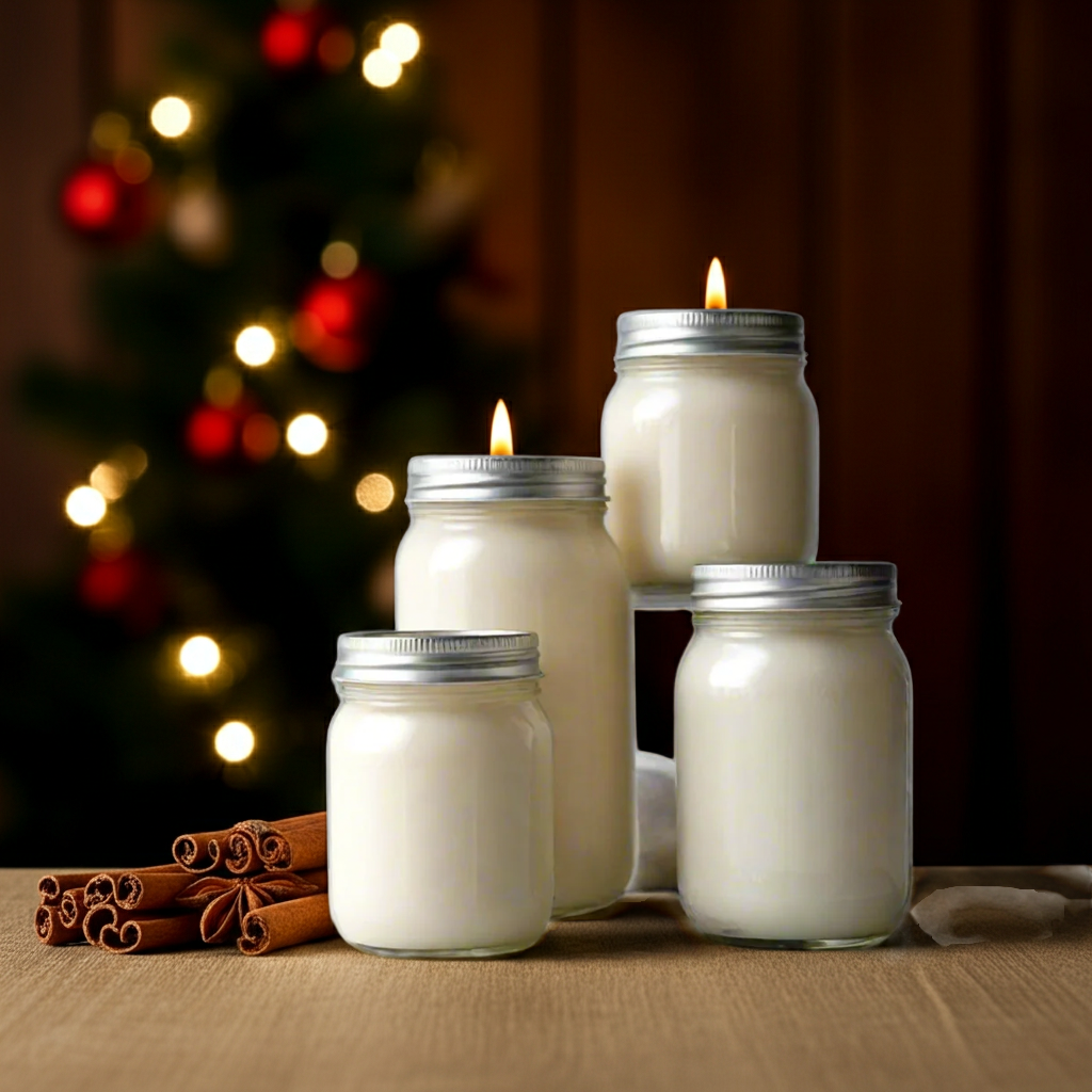 Set of jars with candles in front of a Christmas tree